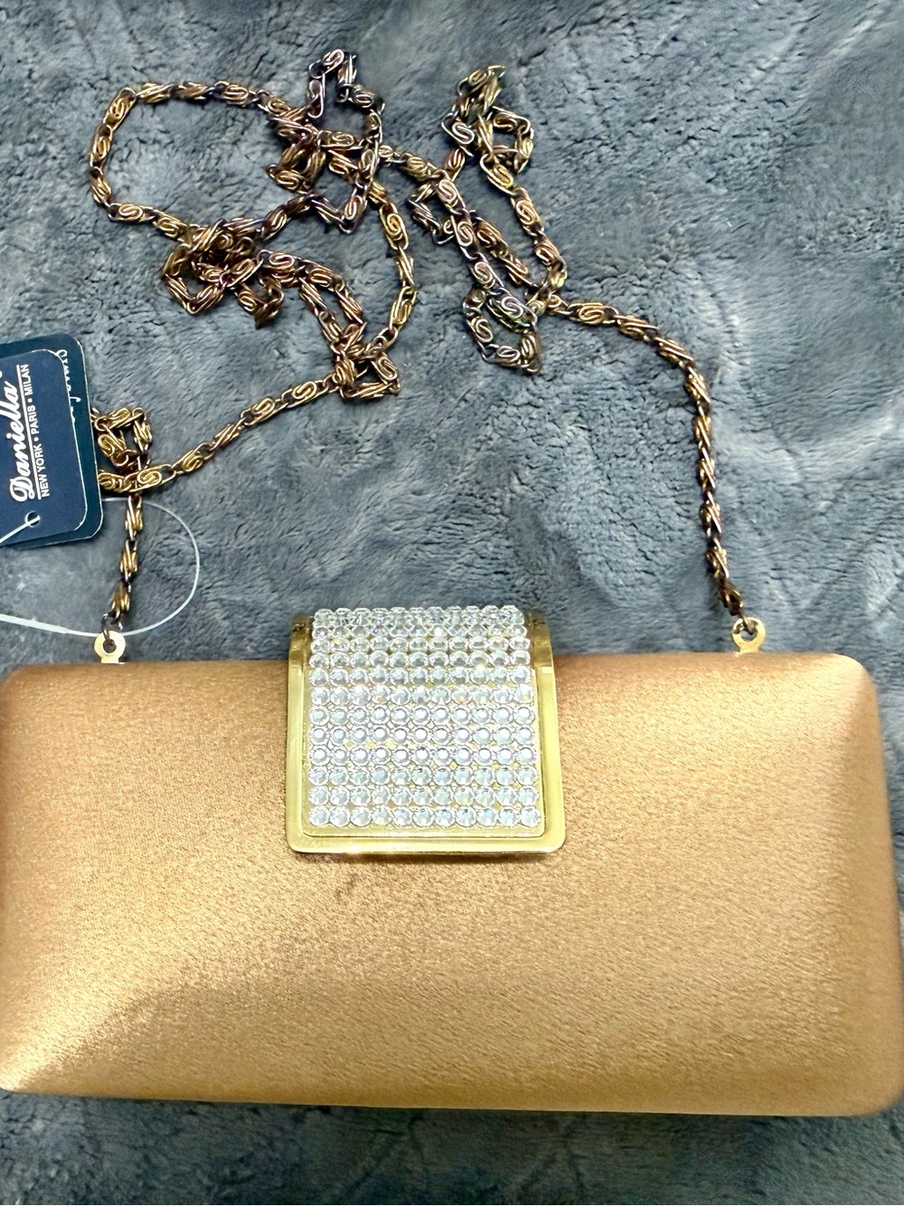 NEW!Daniella Gold Satin Evening Clutch with sparkling genuine crystal clasp.